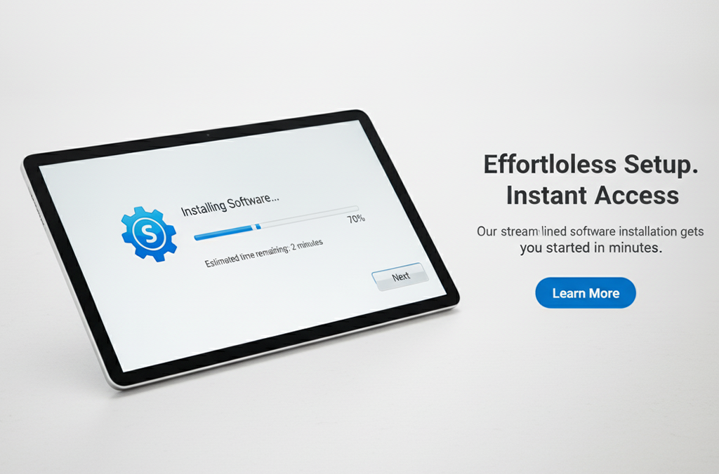 Technician installing software on a laptop in an office environment.